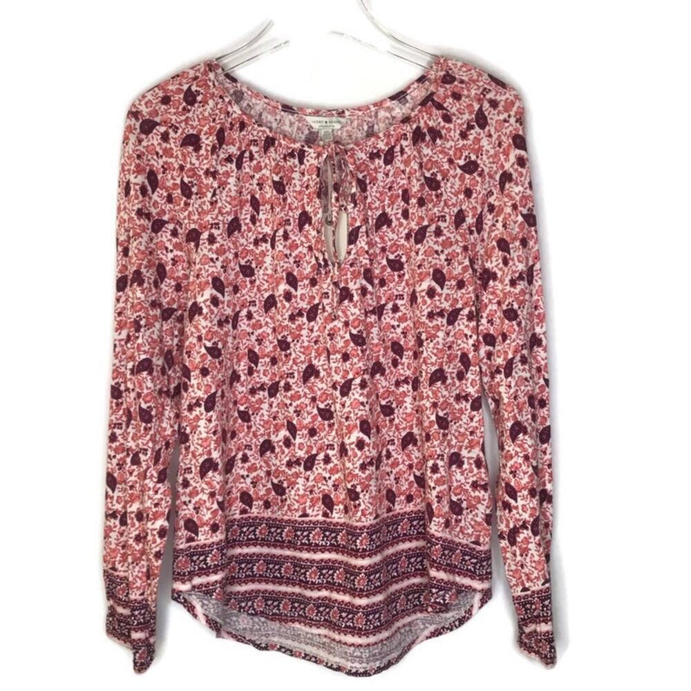 Lucky Brand Paisley Floral Print Top Long Sleeves Pink Size Small NEW